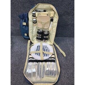 Blue Picnic Backpack Service for 4 Persons Gingham Pattern 4 Zipper Compartments